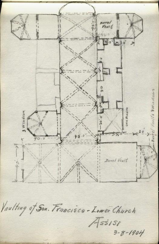 Alda Wilson European Sketchbook page, pencil illustration of architecture from an aerial view, entitled "Vaulting of San. Francisco - Lower Church Assisi 3-8-1904" (RS#21/7/24, folder 5)
