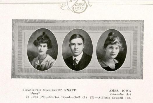 Senior portrait of Jeanette Margaret Knapp from the Bomb yearbook, 1917, page 108.