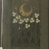 Gray cloth cover with stamped design featuring white flowers on black stems and leaves against a dark red background and a gilt moon.