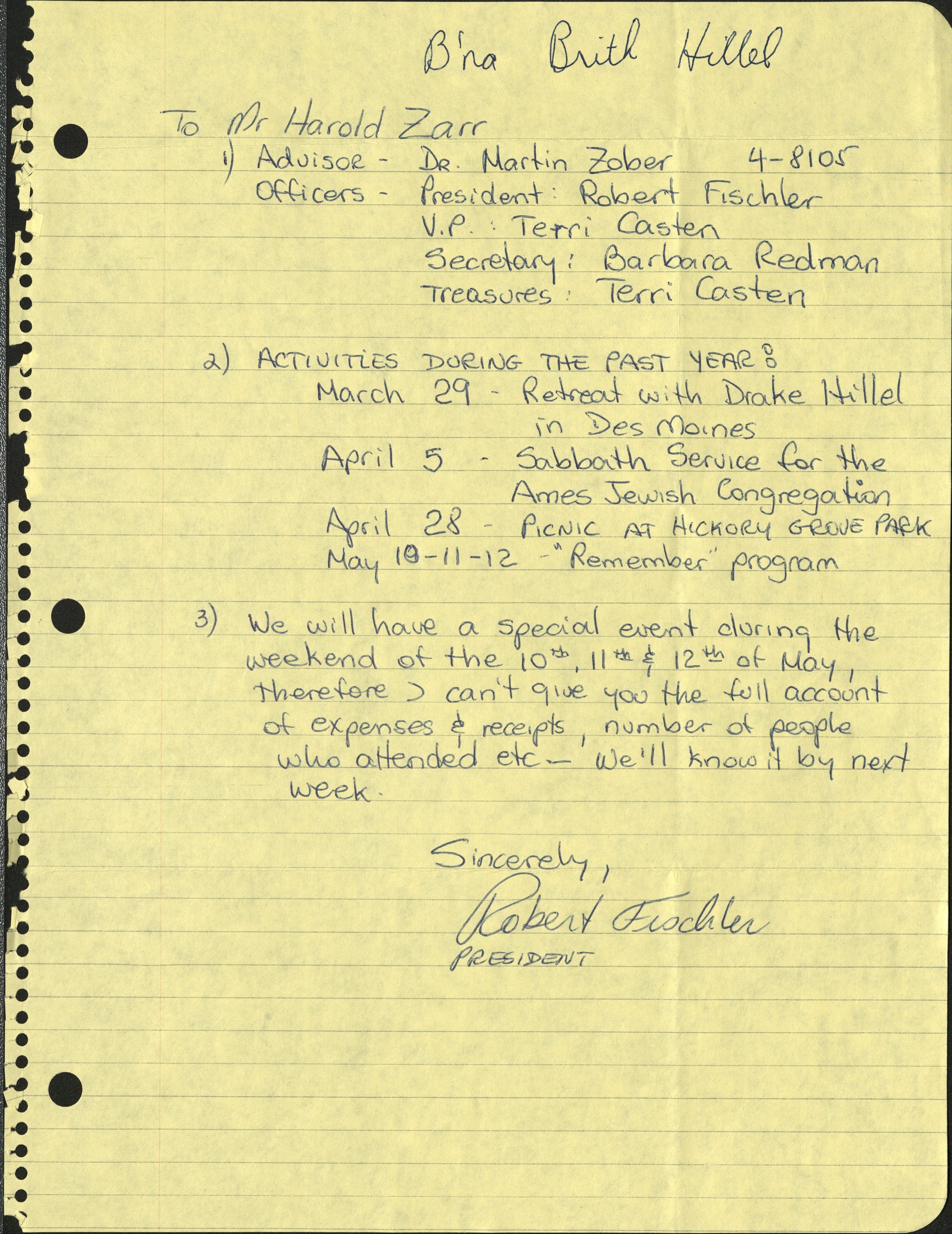 Handwritten calendar and financial statement for club activities for the 1972-1973 school year. For details on text, please contact the ISU archives.
