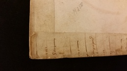 Image shows corner of inside cover with vellum covering from two sides folded one over the other.