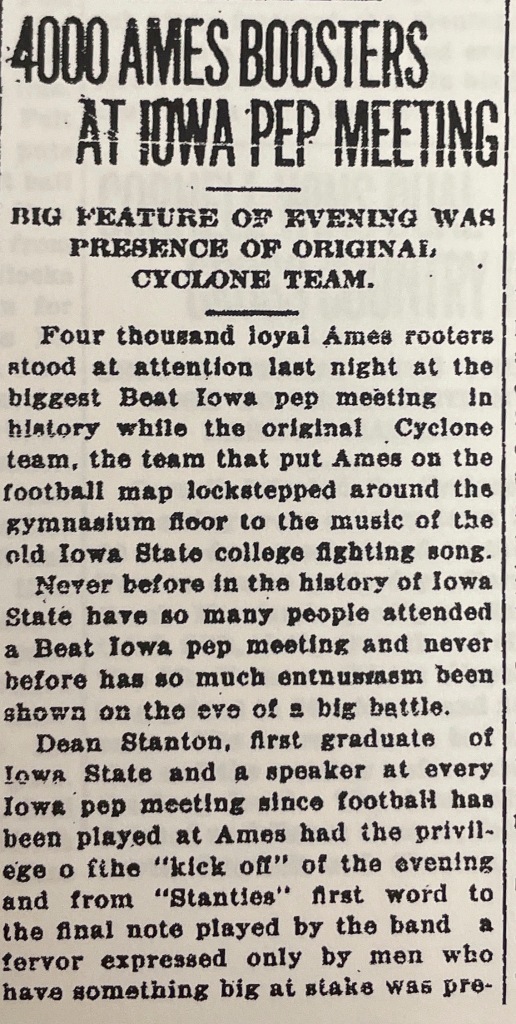 News paper clipping with title "4000 Ames Boosters at Iowa Pep Meeting- Big feature of evening was presence of original Cyclone team"