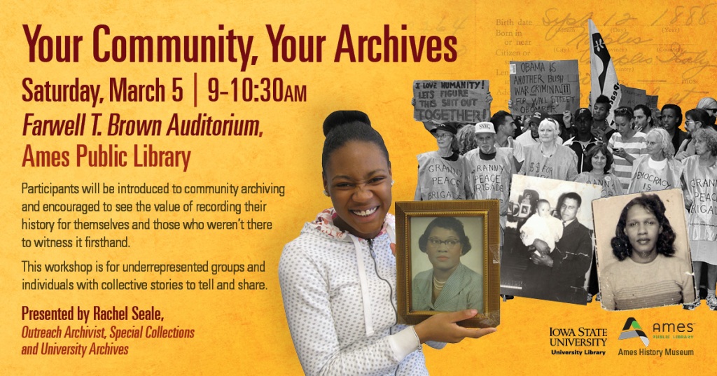 Graphic with text (transcribed in caption) on yellow background. Text on left and on right side collage showing Black girl holding framed picture of older Black woman, two other family photographs adjacent to this image, protest with first row of white people wearing covering that says "Granny Peace Brigade) with crowd  of people behind them, 